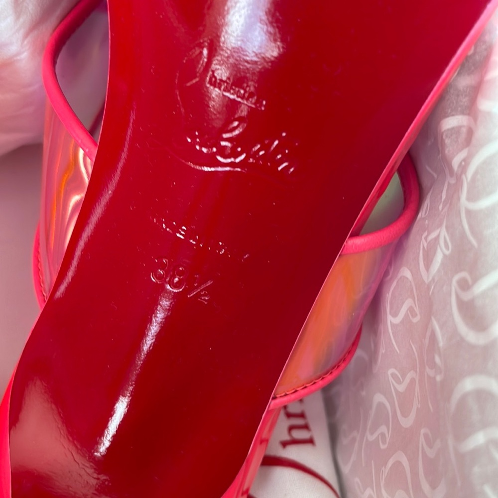 Christian Louboutin just loubi 85mm pink fluo neon pvc sandal stiletto sz 38.5 - Picture 9 of 11